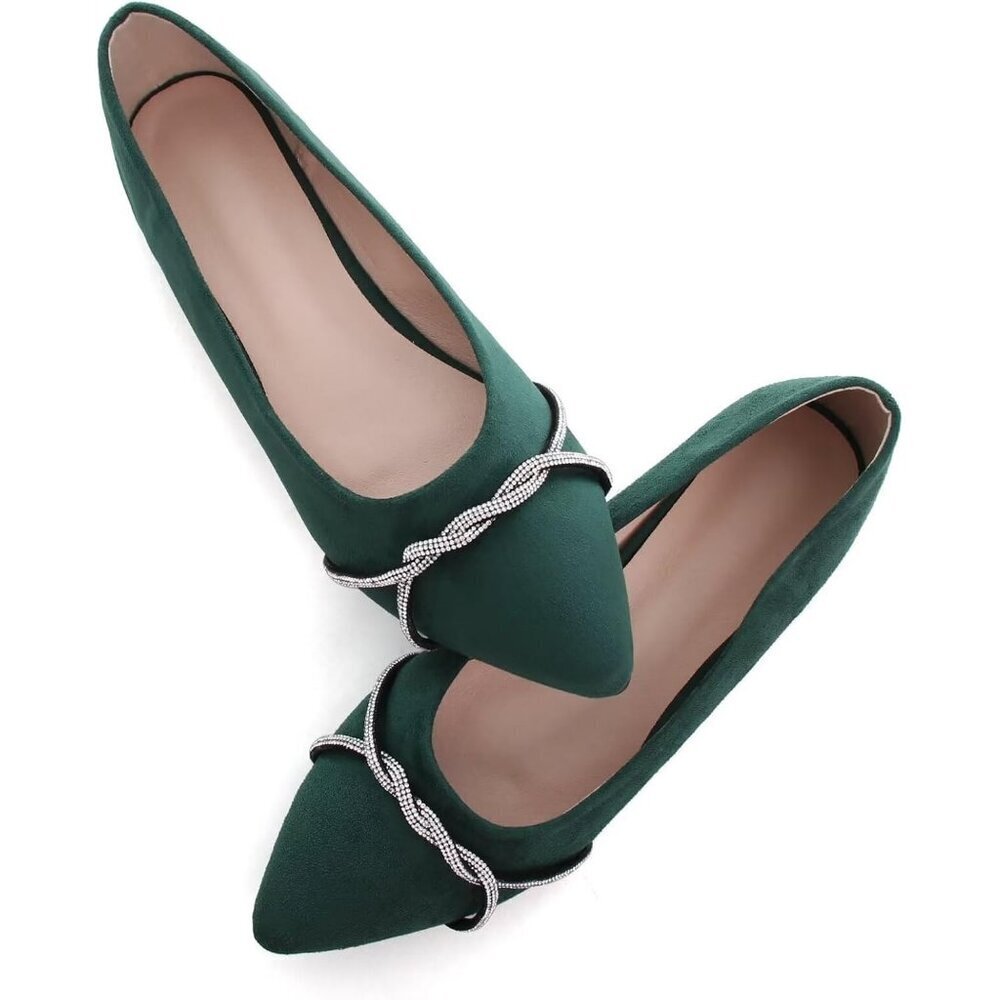 Women's Dark Green Casual Flats Fashion Chain Pointed Toe Ballet Flat Rhinestone - Picture 2 of 7